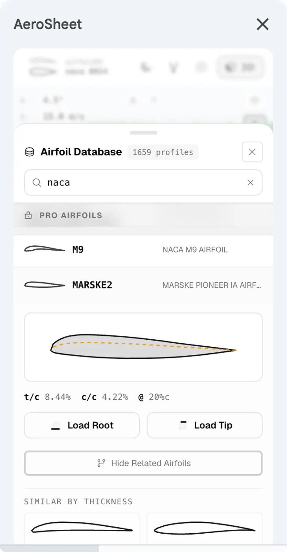 AeroSheet sidebar showing UIUC airfoil database
