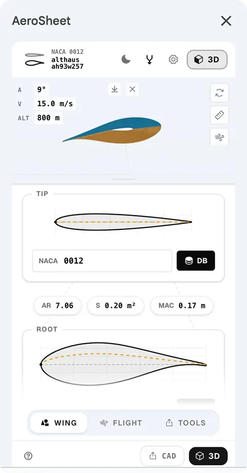 AeroSheet sidebar showing UIUC airfoil database