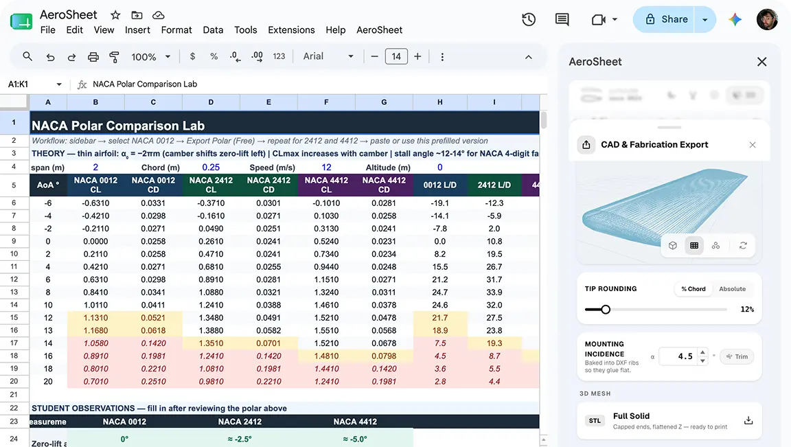 Trade study spreadsheet and CAD export panel